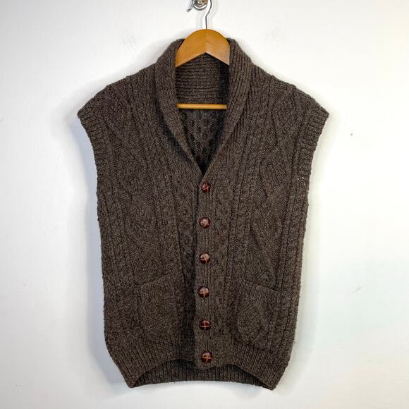 Irish Fisherman Cable Knit Aran Wool Waistcoat sweater Vest Ireland Brown Mens - Picture 1 of 9
